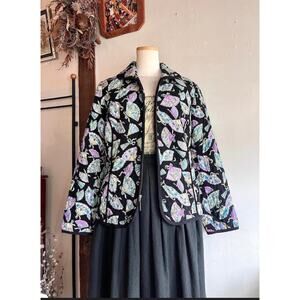 Vintage Y2K R.Q.T. Chinese Quilted Jacket Large Fan Print Pattern Full Zip Up
